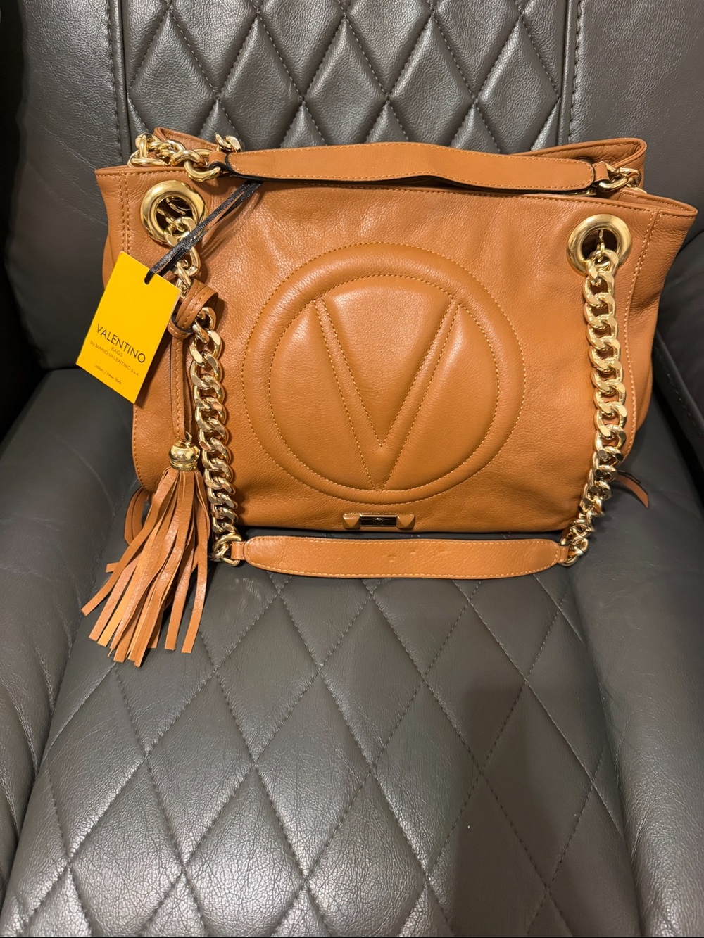 Valentino Cognac Leather Shoulder Bag with Gold Chain and Tassel